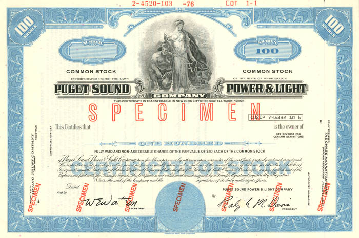 Puget Sound Power and Light Co. - Utility Specimen Stock Certificate